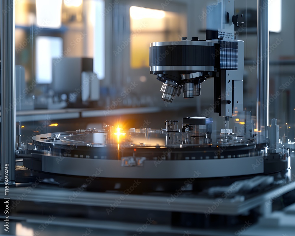 Poster a close-up view of advanced machinery in a laboratory setting, featuring precision instruments and i