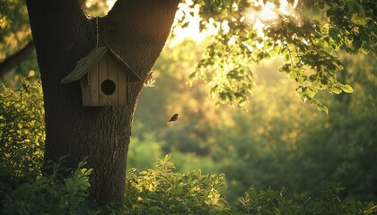 Serene forest scene with a rustic birdhouse hanging from a tall oak tree in soft natural light