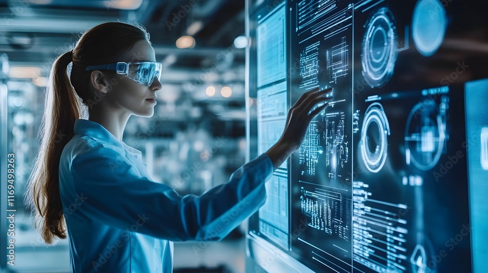 Poster a female scientist analyzes data on an advanced touchscreen interface in a futuristic lab. the envir
