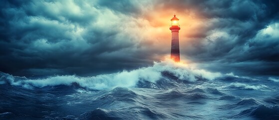 Fototapeta premium A dramatic seascape featuring a glowing lighthouse amidst stormy clouds and crashing waves, symbolizing hope and navigation through turbulent waters.
