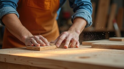 Carpenter Sanding Wooden Plank in Workshop Captured in Motion