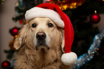 Golden Retriever next to the Christmas tree.Christmas and New Year.