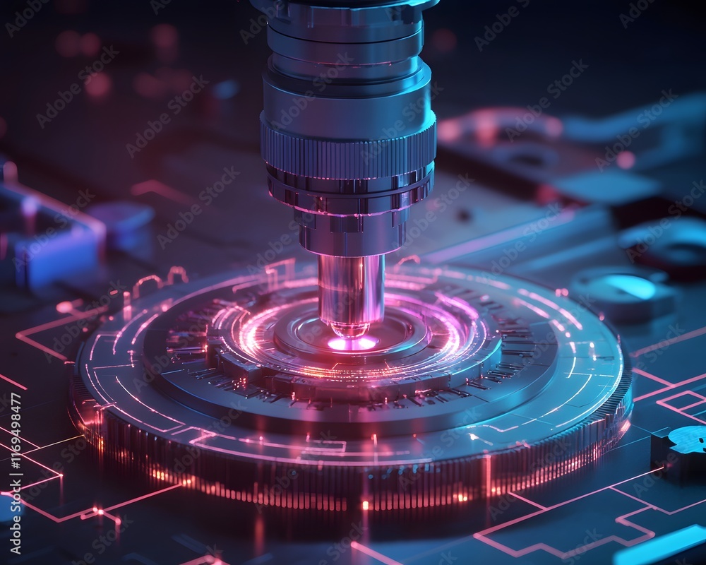 Poster a futuristic close-up shot of advanced technology showcasing a precision tool operating on a high-te