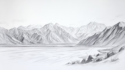 Majestic Mountain Range Sketch Showing Serene Valley Landscape