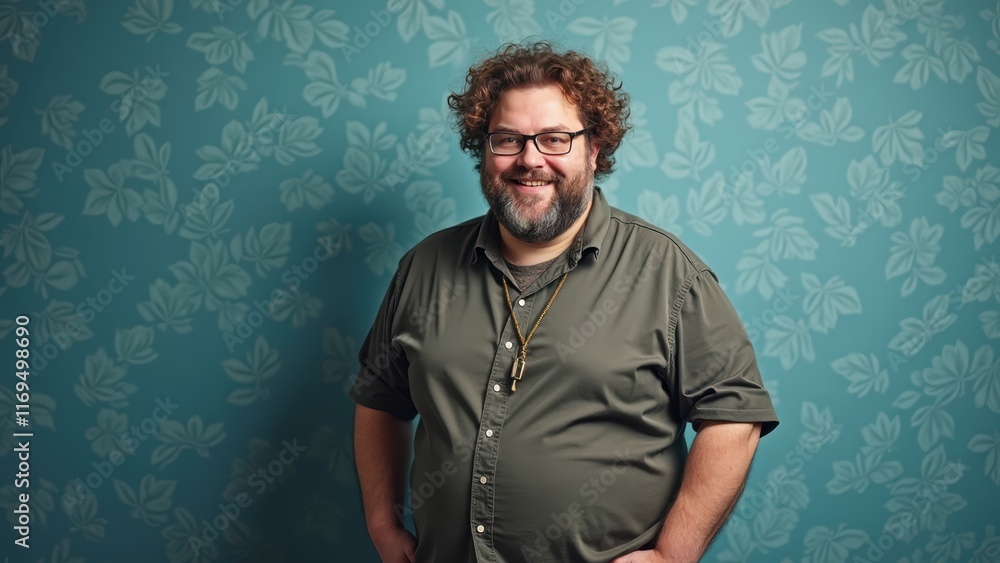 Poster man with glasses and a beard is smiling for the camera
