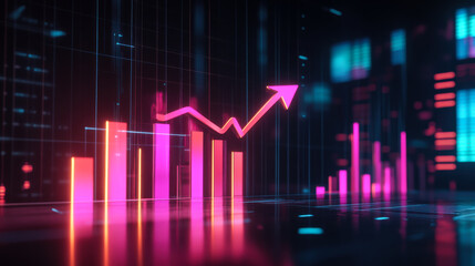 Growing bar graph with neon colors represents market trends in a futuristic digital landscape
