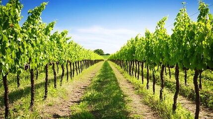 Naklejka premium A lush green vineyard under a clear blue sky, with rows of grapevines stretching into the distance 