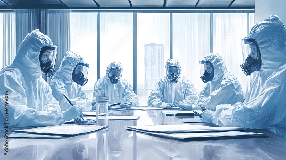 Poster a group of scientists in protective gear discussing research in a modern conference room. emphasis o