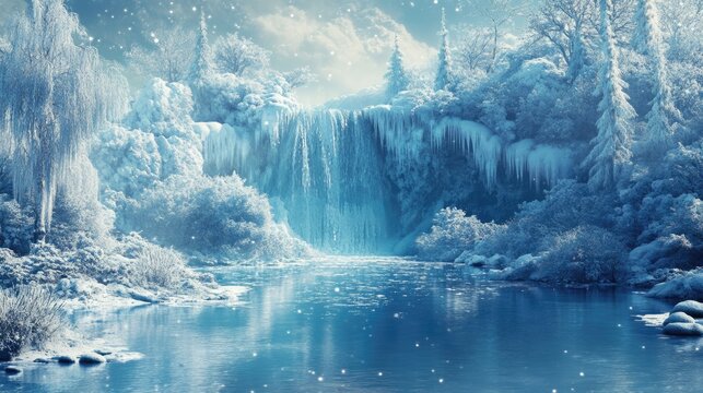 White and blue magic ice and snow winter fairytale forest background. Icy lake with frozen trees around