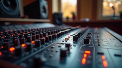 Naklejka premium Close-Up of a Professional Audio Mixing Console in a Recording Studio