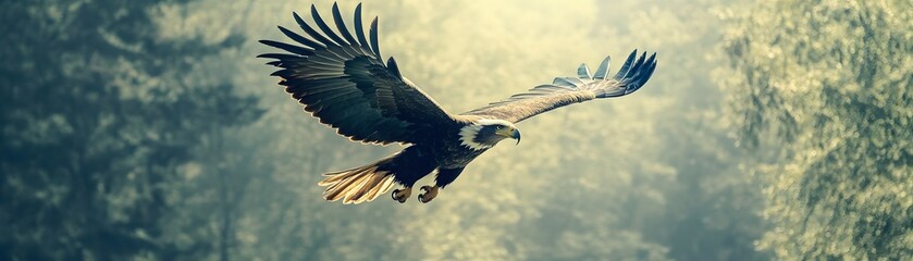 Obraz premium A majestic eagle soars through a sunlit forest, showcasing its impressive wingspan and keen eyesight. This powerful bird embodies freedom and the beauty of nature in flight.