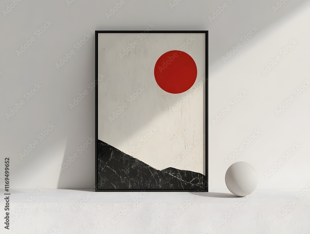 Poster a minimalist artwork featuring a bold red circle against a soft background, complemented by a simple