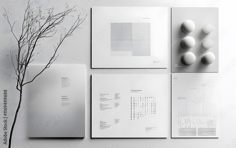 Poster a minimalist layout featuring various abstract shapes and textures alongside a delicate branch, perf