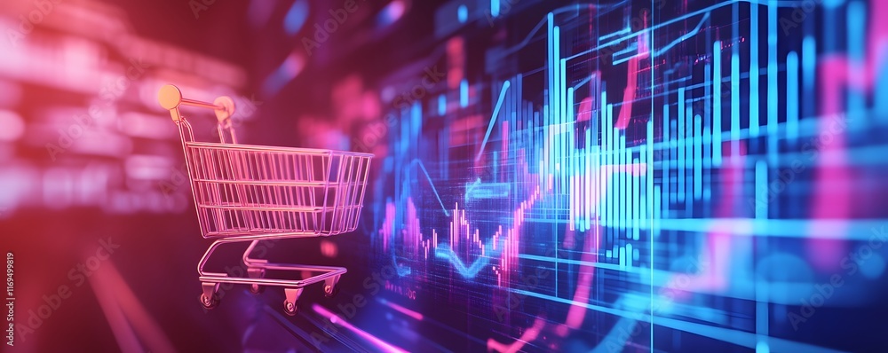 Poster a modern digital shopping cart graphic overlaying vibrant data charts, symbolizing the integration o