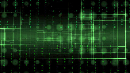 Green Binary Code Matrix with Glowing Grid Lines on a Black Background for Futuristic Technology and Data Concepts
