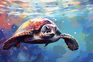 Aquatic Animals Diving in Clearwater Image of Turtle and Other Wildlife in Turquoise Ocean Life