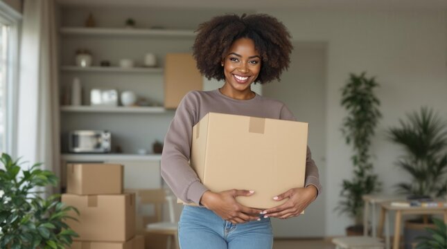 Woman with box in her home
