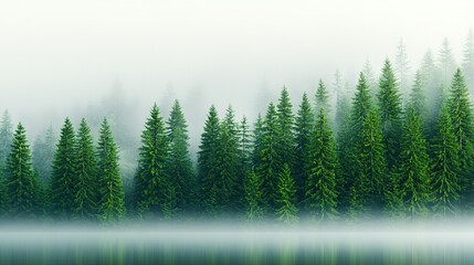 Fototapeta premium A lush forest of green trees surrounded a tranquil body of water beneath a hazy sky