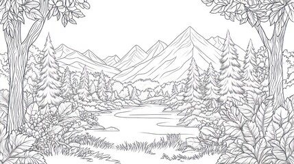 Serene Mountain River Landscape Drawing Featuring Trees