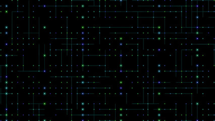 Digital Grid of Interconnected Green and Blue Nodes on a Black Background Representing Technology, Networks, and Data Systems