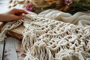 Artisanal Macram&Atilde;&copy; Crafting. Woman's Hand Crafting Elegant Macram&Atilde;&copy; Decor on Wooden Board. Creative Hobby and Home Decor Concept.