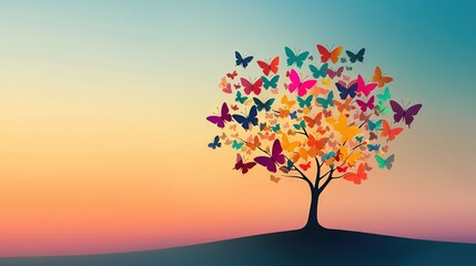 Fototapeta premium A tree on a hilltop, filled with numerous butterflies, atop a sunset backdrop