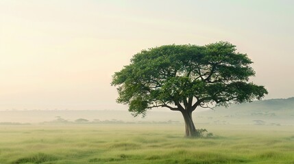 Fototapeta premium A lone tree stands in a grassy field, far away from mountains