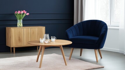 Dark blue velvet armchair showcases elegance, paired with a wooden coffee table adorned with pink tulips, enhancing modern decor