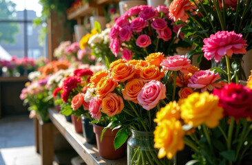 Obraz premium Potted coofull rose plants in florist shop. Flowering plants decorated in flower pots arranged on wooden boards. Florist store concept