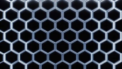 Fototapeta premium A detailed arrangement of hexagonal shapes creates a striking pattern on a dark background. The illuminated design highlights geometric symmetry, providing an elegant visual experience