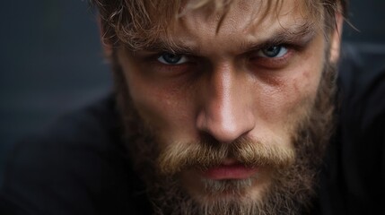 Obraz premium A man with a beard and a blue eye stares at the camera