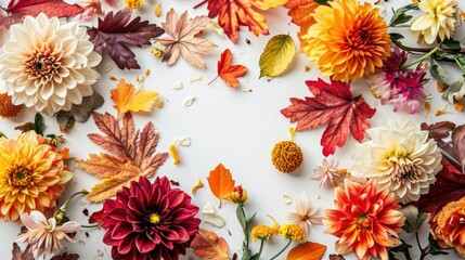 Autumn Delight: Floral Frame with Fresh Blooms on White Background