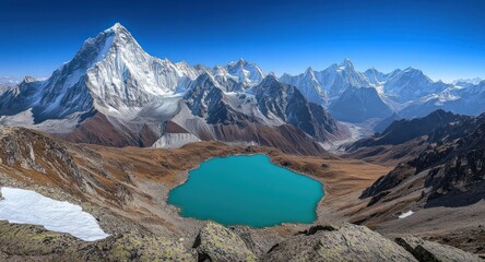 Majestic Panorama: Turquoise Lake and Snow-Capped Peaks