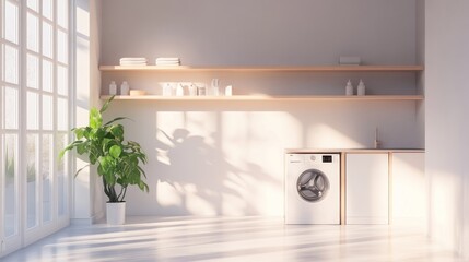 Bright and airy laundry room with modern appliances, natural light streaming through a large window, and minimalist design.