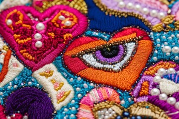 vibrant embroidered hearts with intricate eye motifs, adorned with beads, pearls, and metallic threads, colorful and eclectic