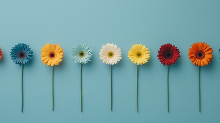  A row of diverse-colored flowers arranged atop a blue background, with a central blossom