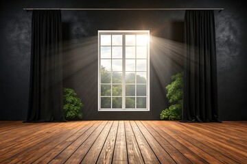 Presentation Background. Includes Wooden Floor, Soft Black Wall, and Window Glare. : Perfect for Professional Slides, Photography, and Interior Design Concepts.