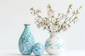 Easter eggs painted turquoise and spring flowers in matching vase on white background