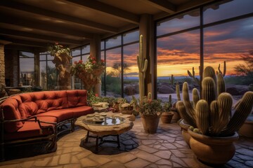 Fototapeta premium Beautiful Arizona Patio at Sunset with Gorgeous Light, Summer Vibes, and Casual Attire. Incredible Glamour and Attractive Presence with Cactus Silhouette