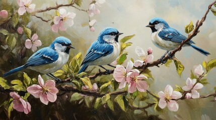Three Bluebirds in Spring Blossom: A Serene Painting of Avian Beauty