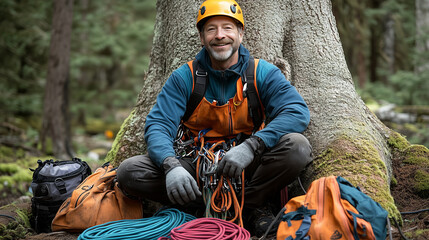professional arborist setting up ropes and anchors at the base of a large tree