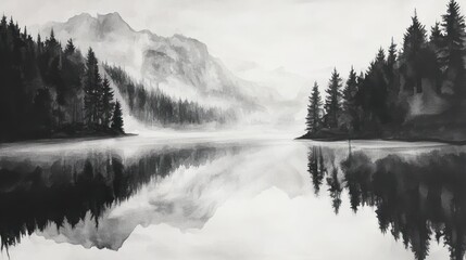 Monochromatic Watercolor Landscape Featuring Mountains and Trees