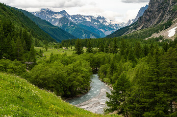 The Dora di Ferret in the Ferret Valley, a stream fed by the melting waters of the Pré de Bar...
