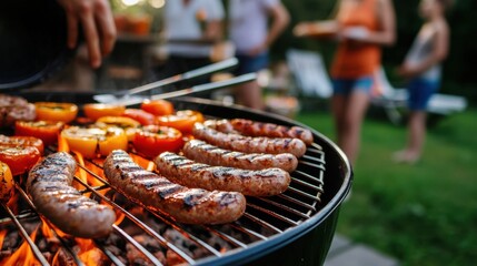 A group of people are gathered around a grill, cooking hot dogs and peppers