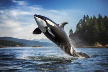 Obraz premium Bigg's Orca Whale Jumping in Vancouver Island, Canada - Breathtaking View of Coastline & Ocean Waves