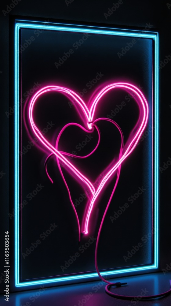 Poster glowing pink heart art piece with neon lines on a dark background creating a vibrant visual attracti