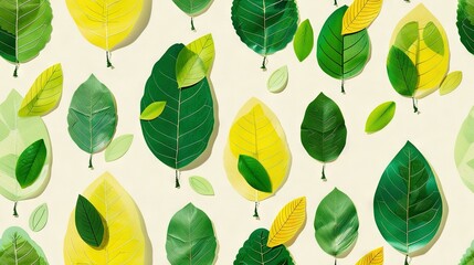   Green and yellow leaves on white background with leaves on each side