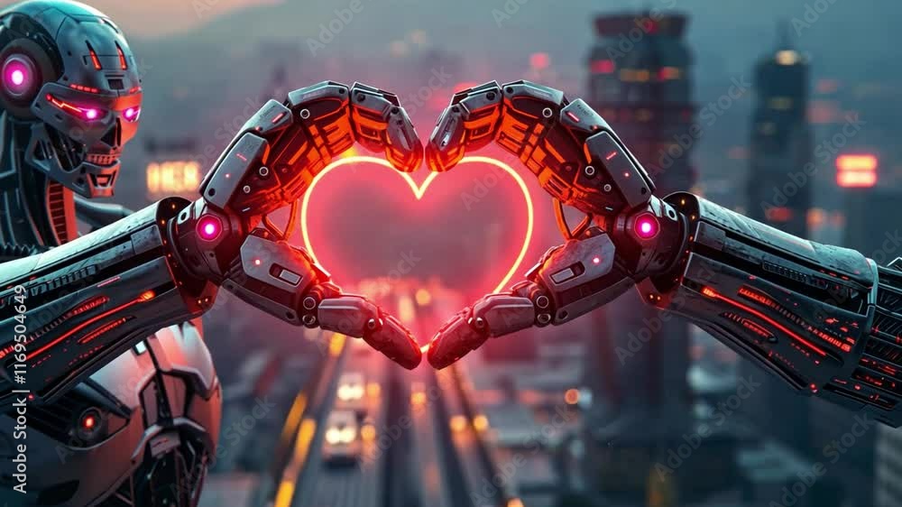 Poster In a vibrant city at dusk, two advanced robots create a heart shape with their hands. The glowing hearts showcase a blend of technology and romance, highlighting love in a futuristic setting.