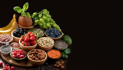 Healthy Selection of Super foods, Various Fruits and Assorted Berries, Nuts and Seeds on Black Background with Space for Content