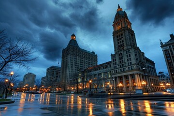 Fototapeta premium Blue Buffalo City Hall - Landmark Art Deco Architecture in Downtown Skyline